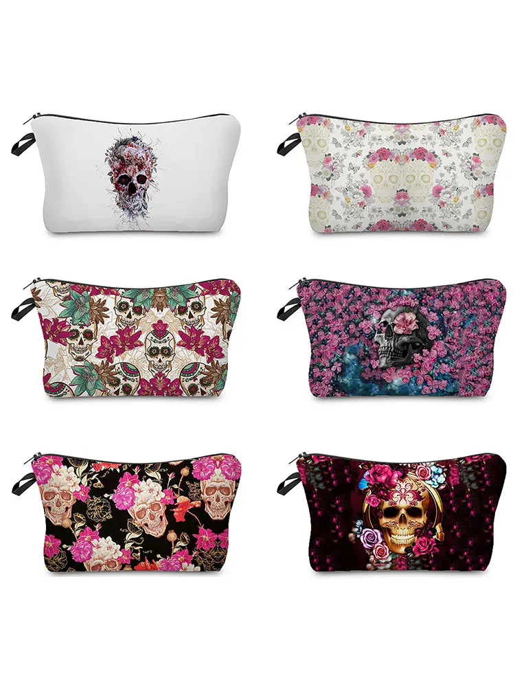 Halloween New Cosmetic Bags Skull Rose Printed Makeup Bag Cool Hot Sale Storage Bag Lady Fashion High Quality Small Toiletry Bag