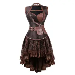 Sexy Women Steampunk Gothic Corset Dress Vintage Corset Overbust Leather Bustier Top With Asymmetric Floral Skirt Pirate Costume