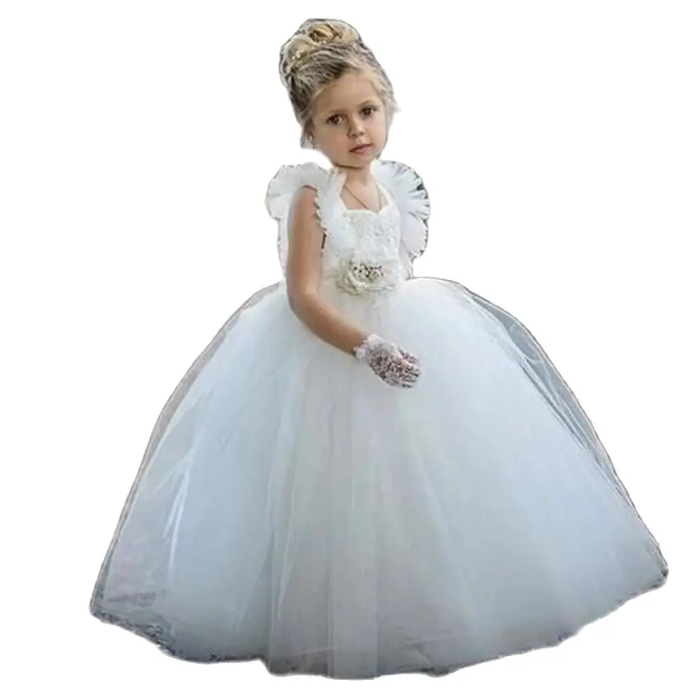 

Gardenwed Puffy Ivory Flower Girl Dresses Satin V-Backless Straps Communion Dresses Kids Cap Sleeve Ball Gown,Celebrity Dresses