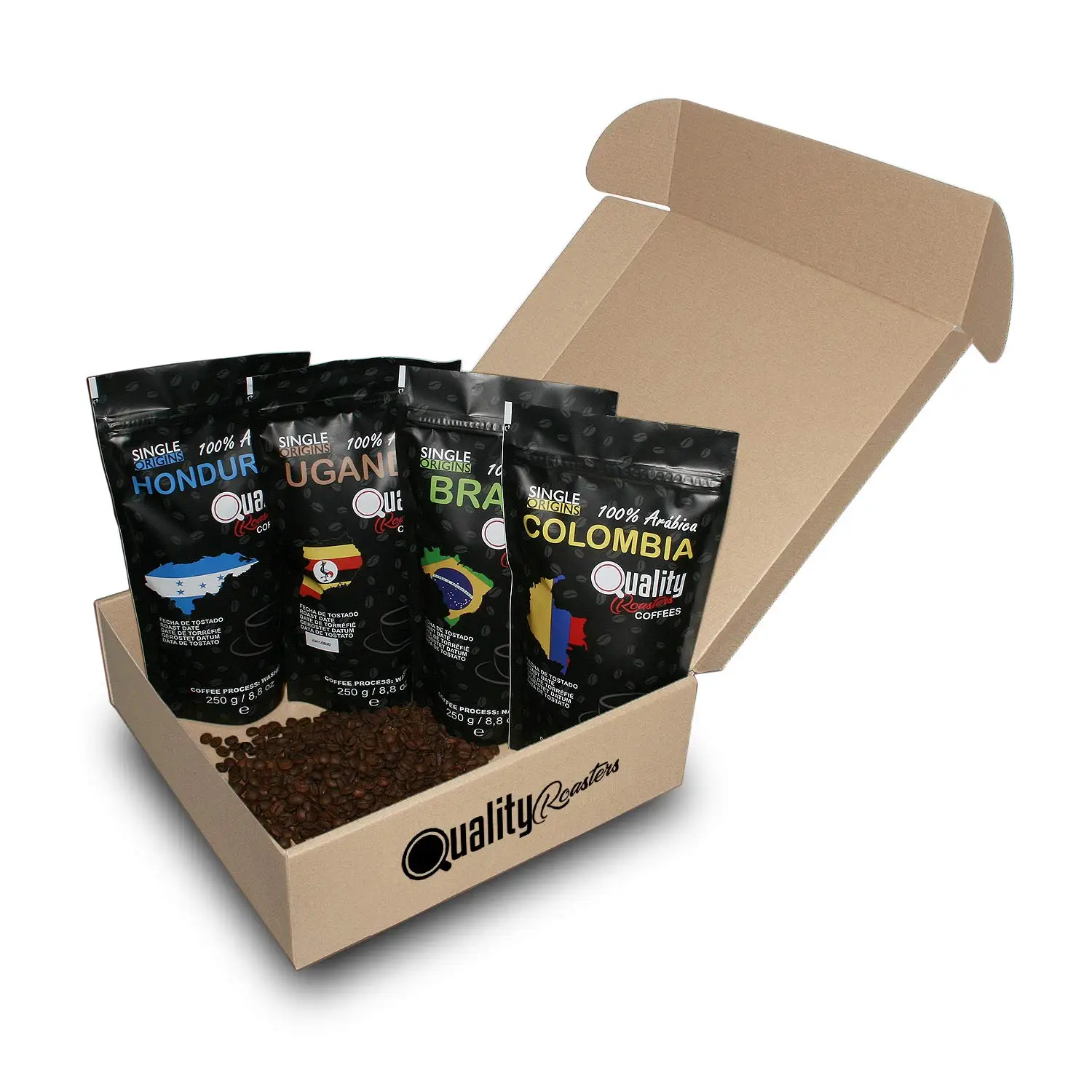 Café en grano natural. 100% Arabica. Pack regalo y degustación. 4 orígenes: Colombia, Uganda, Brasil, Honduras. 4x250g. Artesano