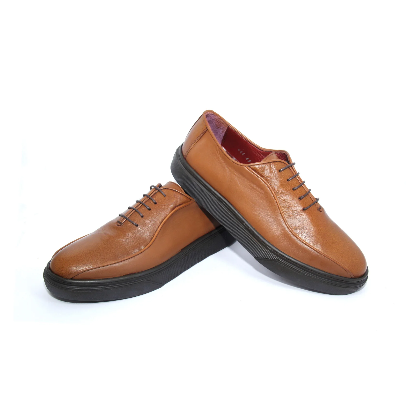 Handmade Sneakers with Natural Calfskin, Tobacco Light Brown Leather, Black Height Increasing Sole, Oxford Style Men's Shoes