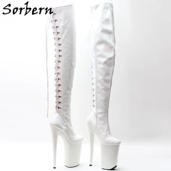 Sorbern White Back Lace Up Boots Women Mid Thigh High 23Cm Extreme High Heel Platform Customized Leg Size EU36-40