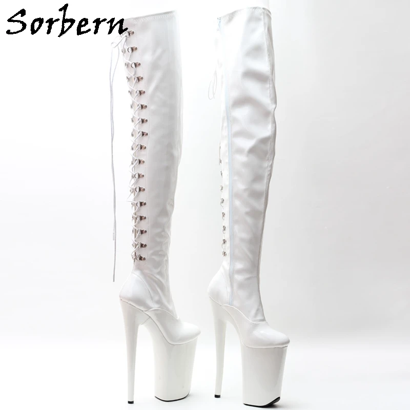 Sorbern White Back Lace Up Boots Women Mid Thigh High 23Cm Extreme High Heel Platform Customized Leg Size EU36-40