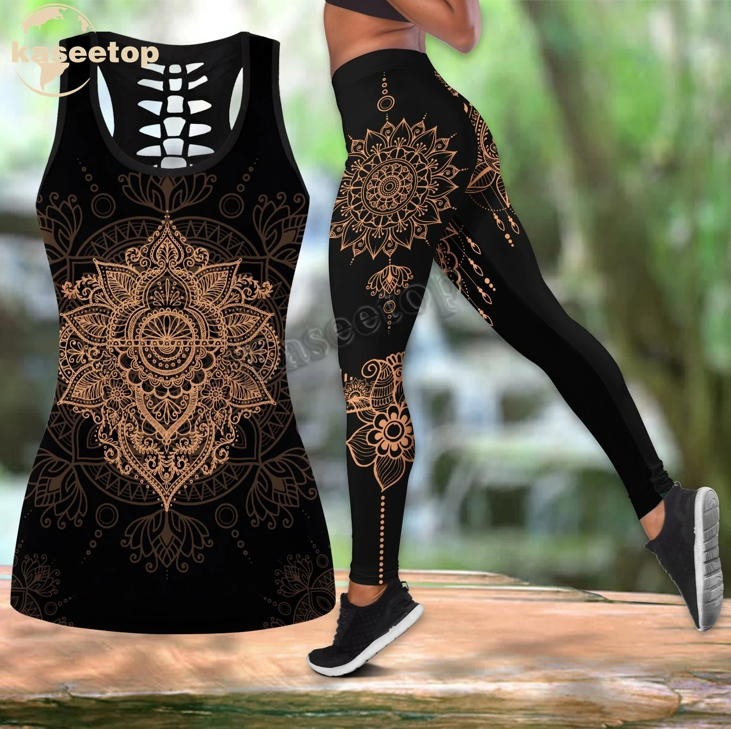 Henna Garden Yoga Meditation Set Hippy Boho Festival Yoga Set Women 3D Print Vest Hollow Out Hollow Tank &Legging Outfit Summer