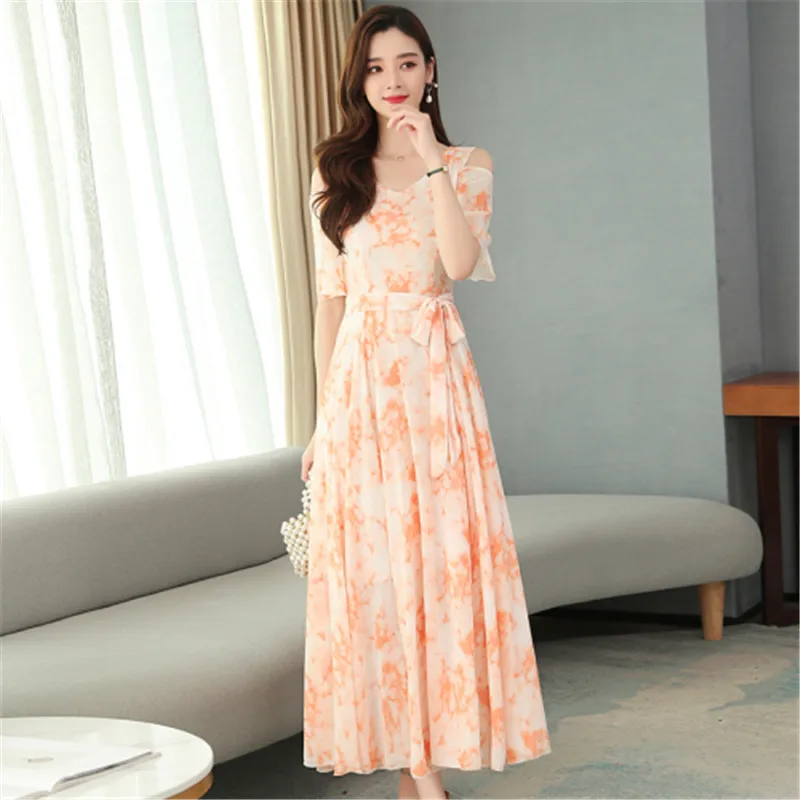 Real shot bohemian chiffon dress female 2020 summer new long paragraph floral super fairy waist beach dress