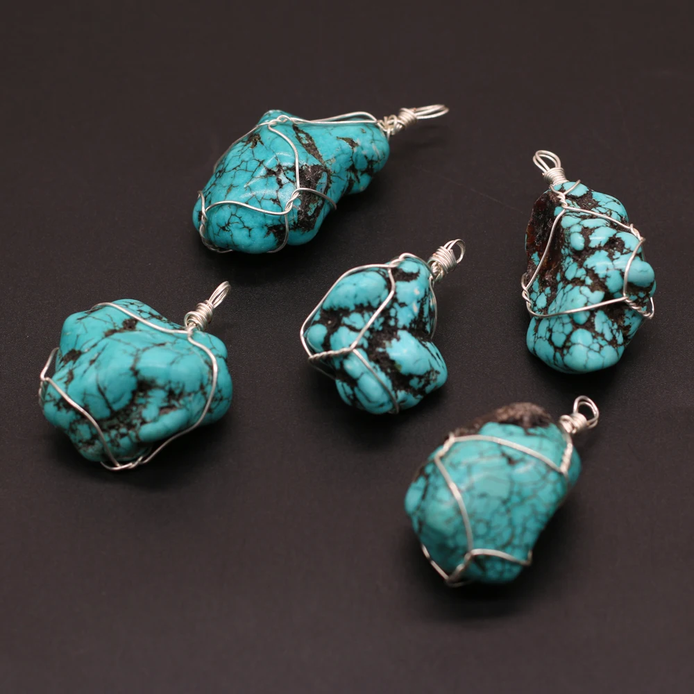 Natural Green Turquoise Pendant Winding Wire Irregural Agates Pendant Charms for Making DIY Jewerly Necklace Accessories