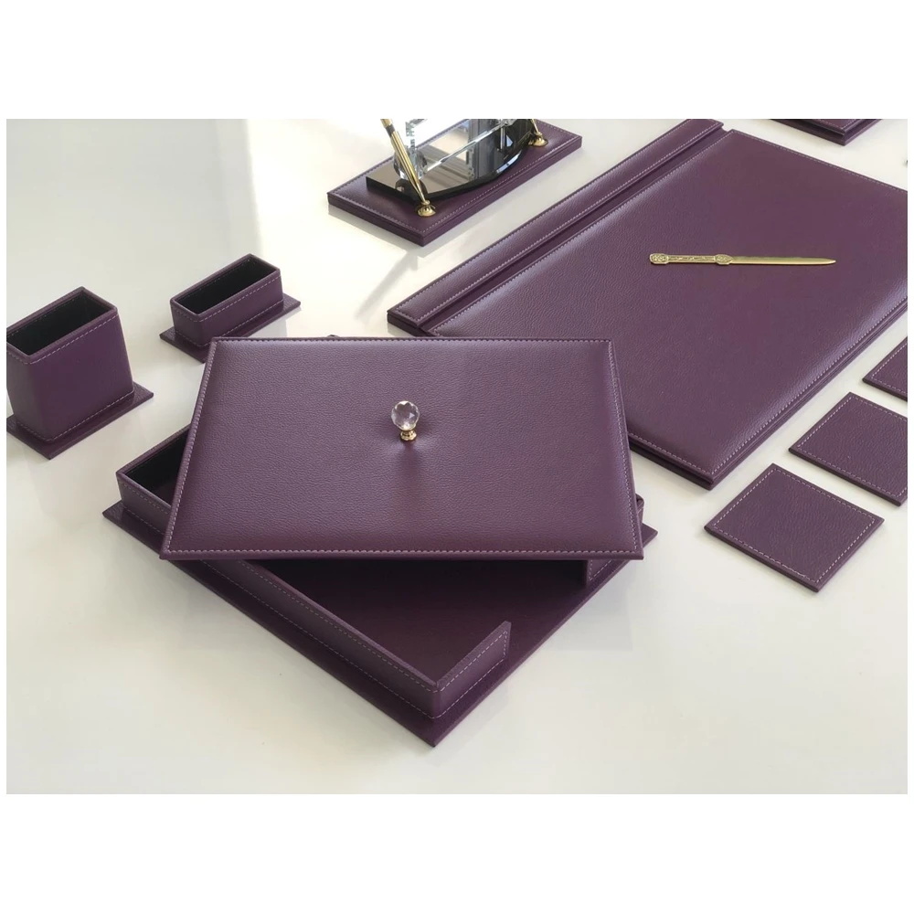 PURPLE Color Business Office Desk Leather Mat Set Organizer Accessories (Office Supplies, Office Desktop Set,)