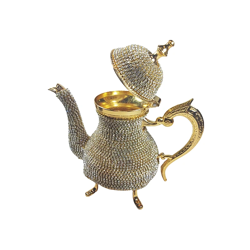 Handmade Swarovski Stones Coated Zinc Casting Tea Gold Silver Color Turkish Teapots Arabic Greek Traditional Gift 0,4 Lt