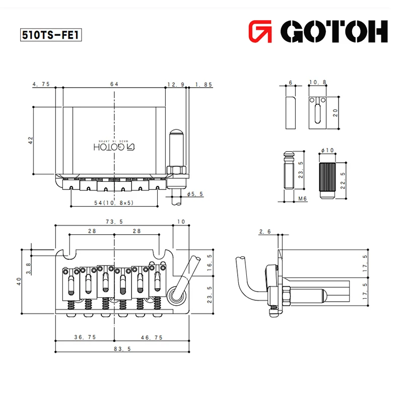 Gotoh 510TS-FE1 Non-locking 2 Point Tremolo Bridge w/ Hardware, 4 Colors Available