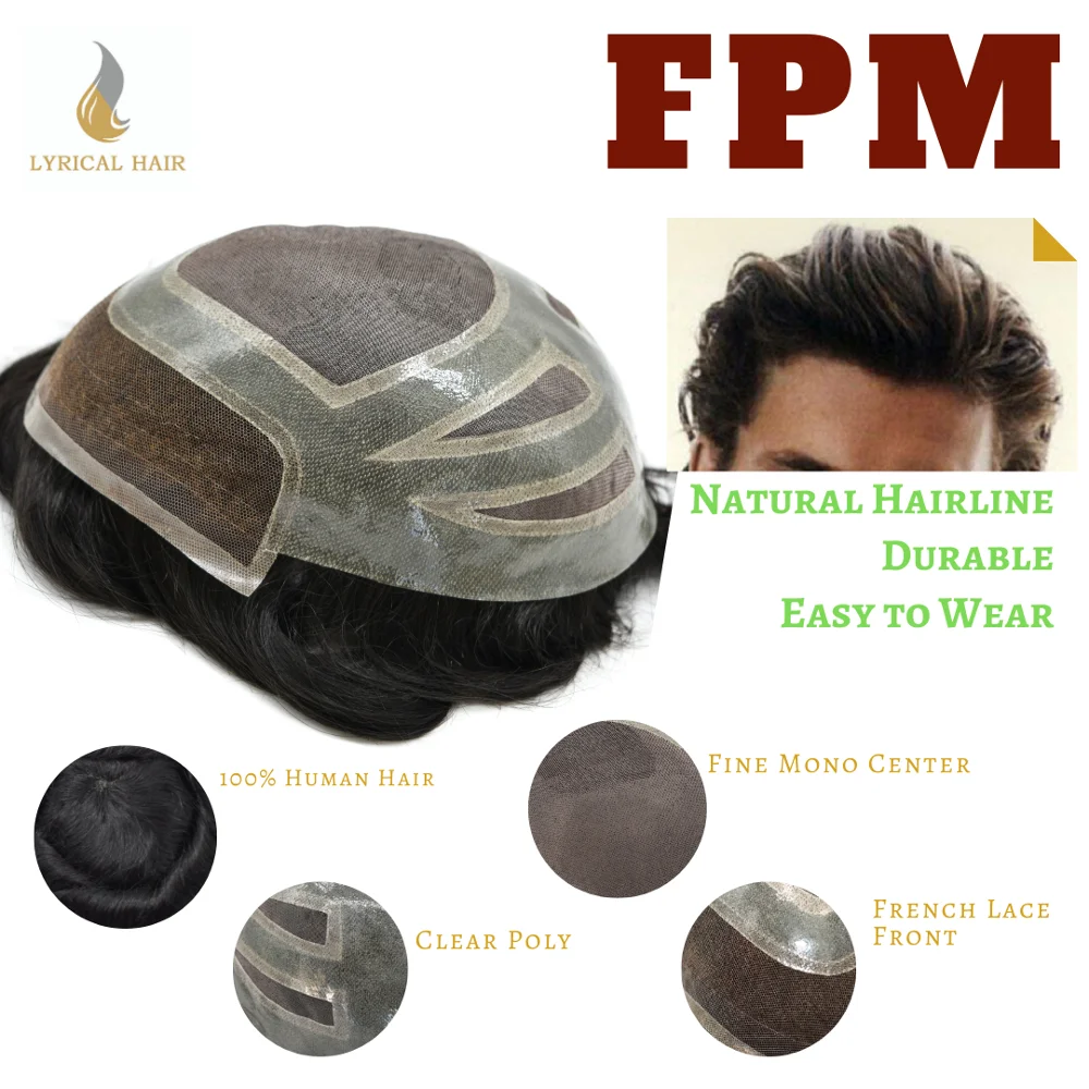 French Lace Front Mens Toupee Fine Mono Hairpiece Poly Skin Natural Hairline Hair System FPM USA Supply