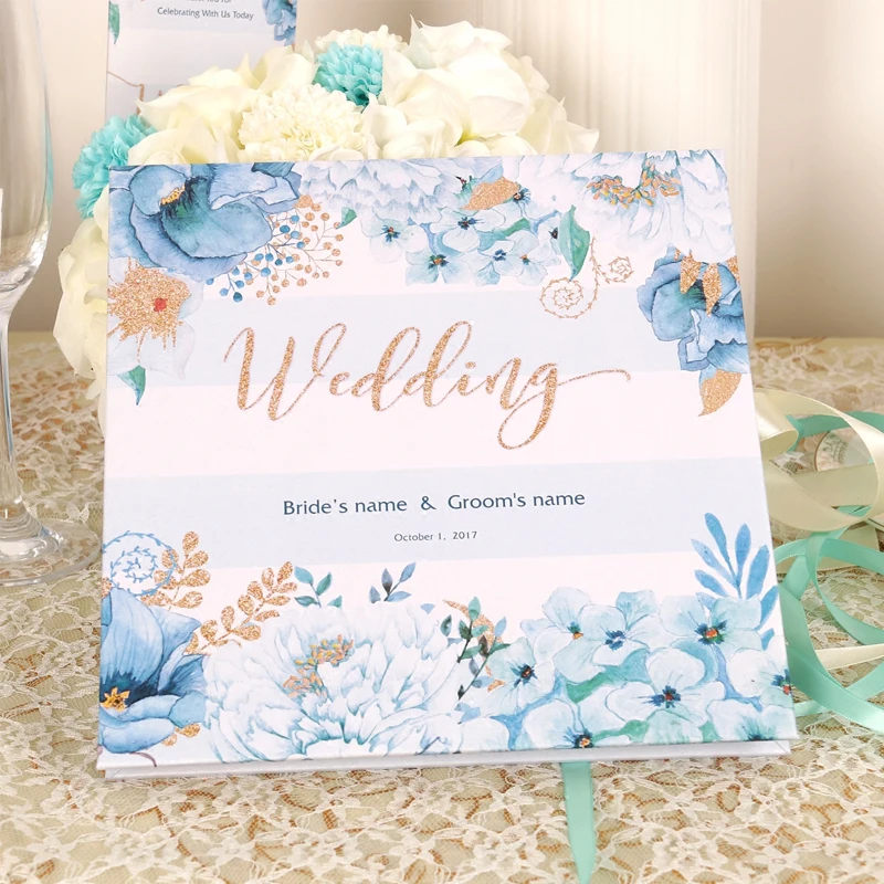 Blue Blush Flowers Elegant Wedding Guest Book Gold Foil Rustic Wedding Guest Book Plant Guestbook Wedding Guest Book Idea