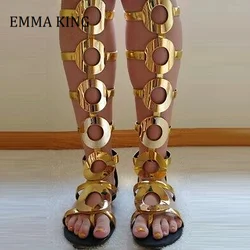 Summer Women Flat Knee High Boots Gold Circle Hollow Out Gladiator Sandals Mirrored Gold Leather Ring Shoes Comfort Beach Shoes