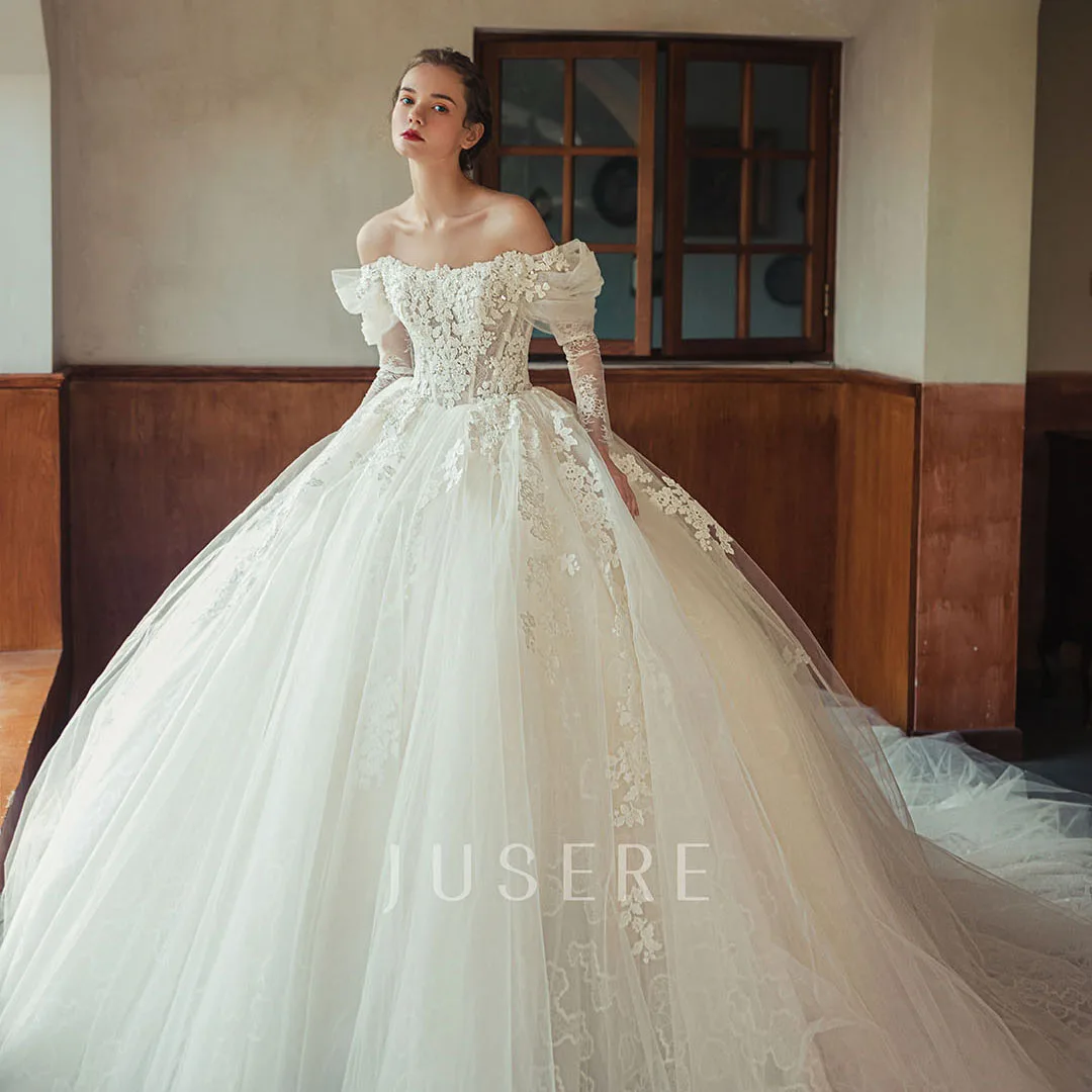 

Jusere ball gown off the shoulder bridal dress cathedral train wedding dress beaded dress with chapel train