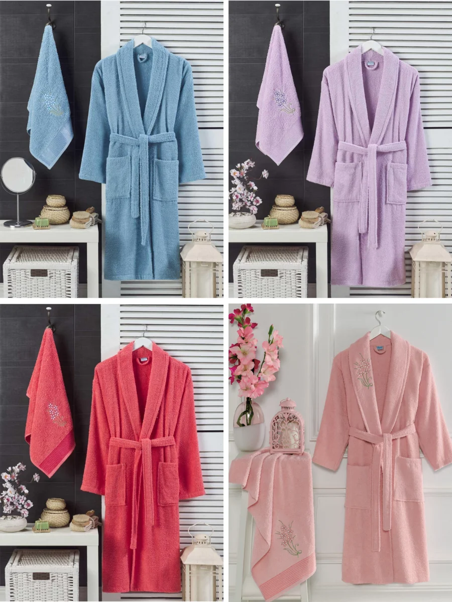 Handuk Mandi Uniseks Set 2 Buah Pria Wanita Cepat Menyerap Air Katun Dewasa Hotel Kimono Piyama Jubah Lembut Warna Solid