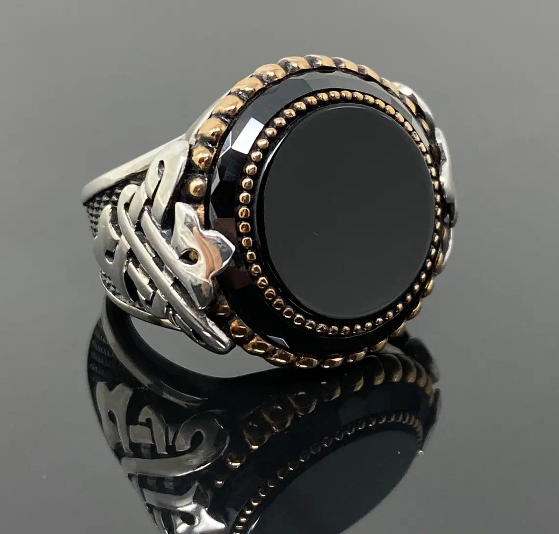 Elegant Design Solid 925 Sterling Silver Round Onyx And Zircon Men's Ring Busines High Quality Handmade Jewelry Gift For Him