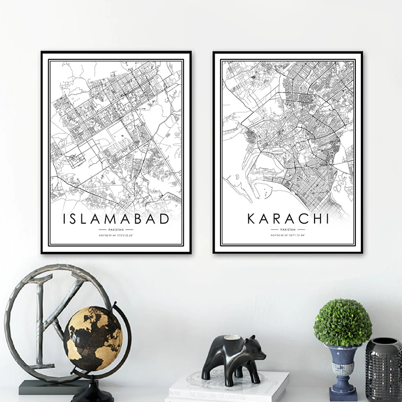 Póster de mapa de la ciudad de KARACHI, mapa de la ciudad de ISLAMABAD, impresiones en blanco y negro, arte de pared de viaje de Pakistán, pintura en lienzo, decoración de la habitación del hogar