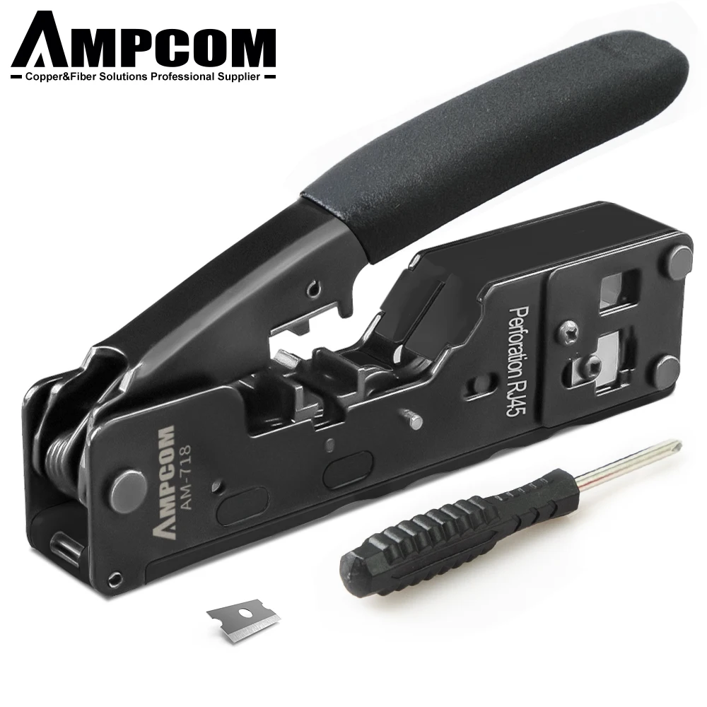AOPULE RJ45 Crimp Tool Kit – Pass-Through Crimper For CAT7/6A/6/5E/5, Includes 50 Connectors, Cable Tester, Stripper, Pliers, Screwdriver & Bag