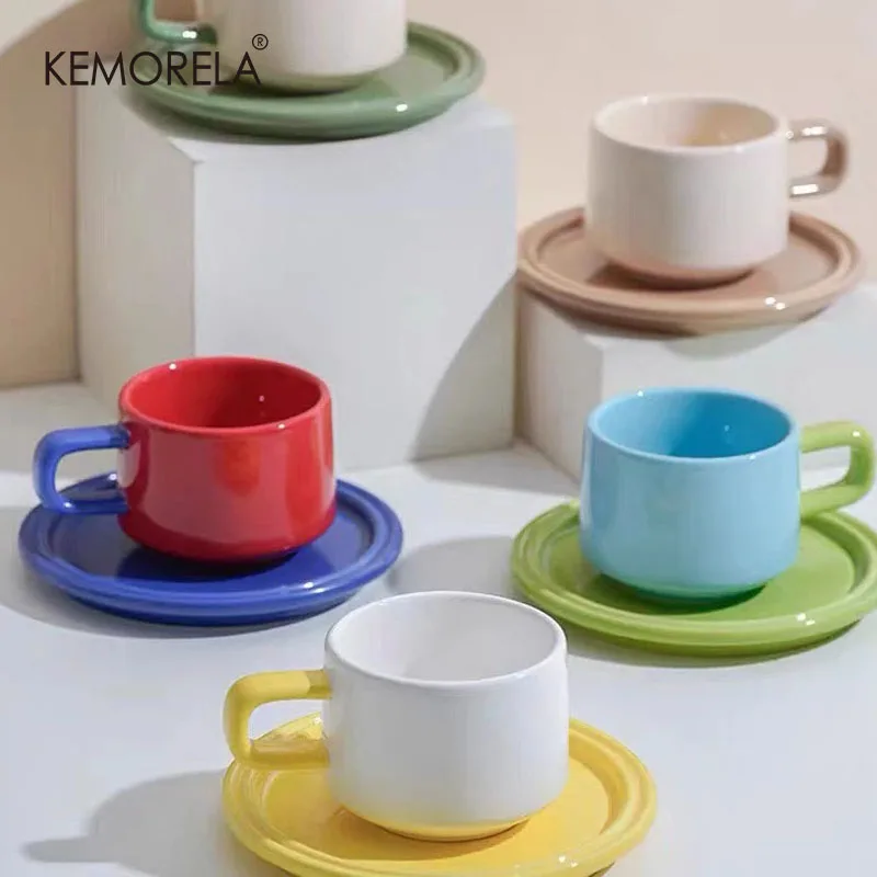 Contrast Color Coffee Cup Saucer Household Mug Italian Milk Espresso Cup High-quality Large-capacity Female Gift