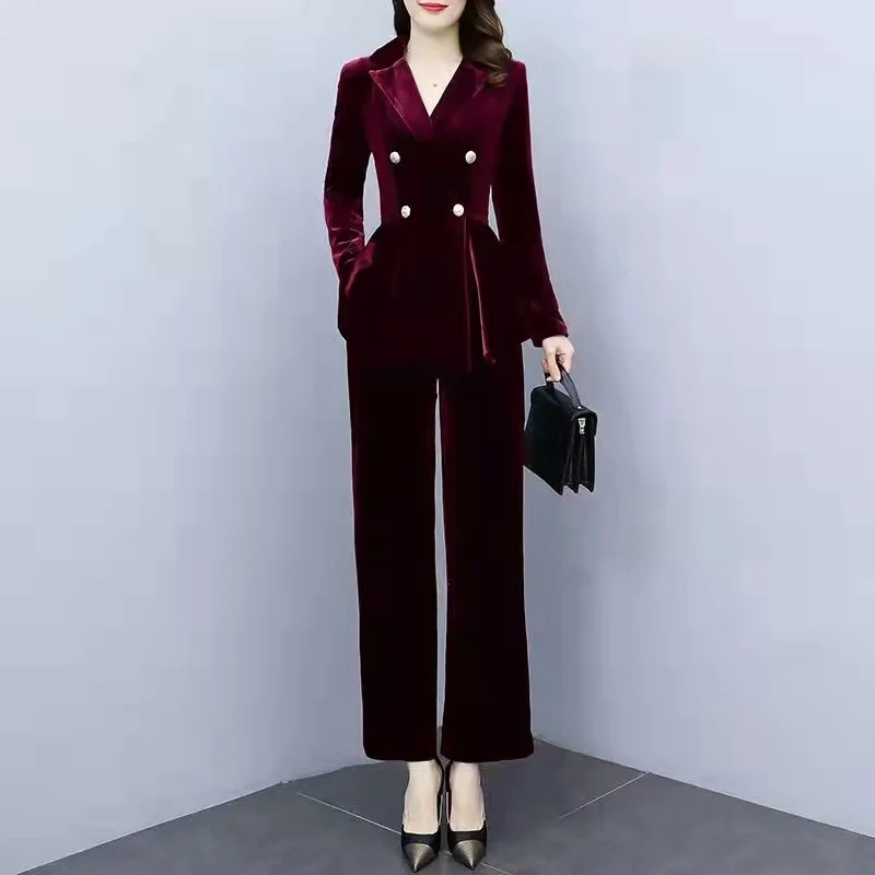 

2023 Spring And Autumn Women's Professional Suit Gold Velvet Suit V-neck Solid Color Fashion Casual Two-piece Suit