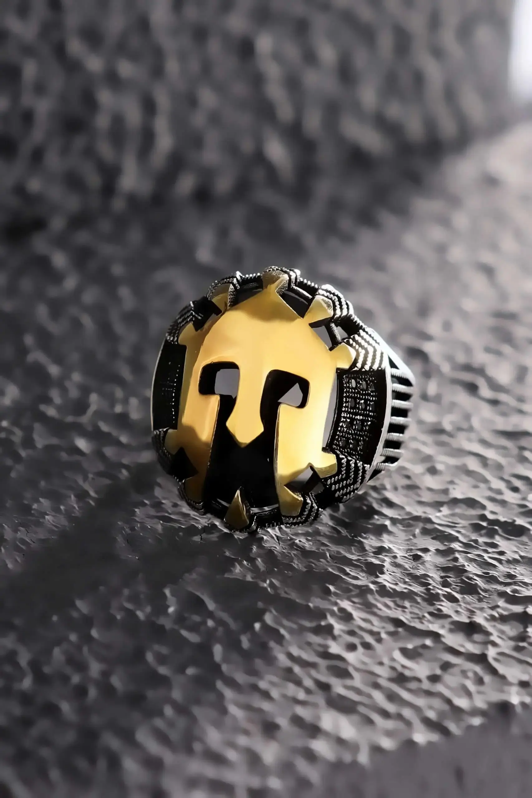 Yellow Warrior Helmet Warrior Head Model Mini Zircon Stone 925 Sterling Silver Retro Tumbled Vintage Handmade Men Ring