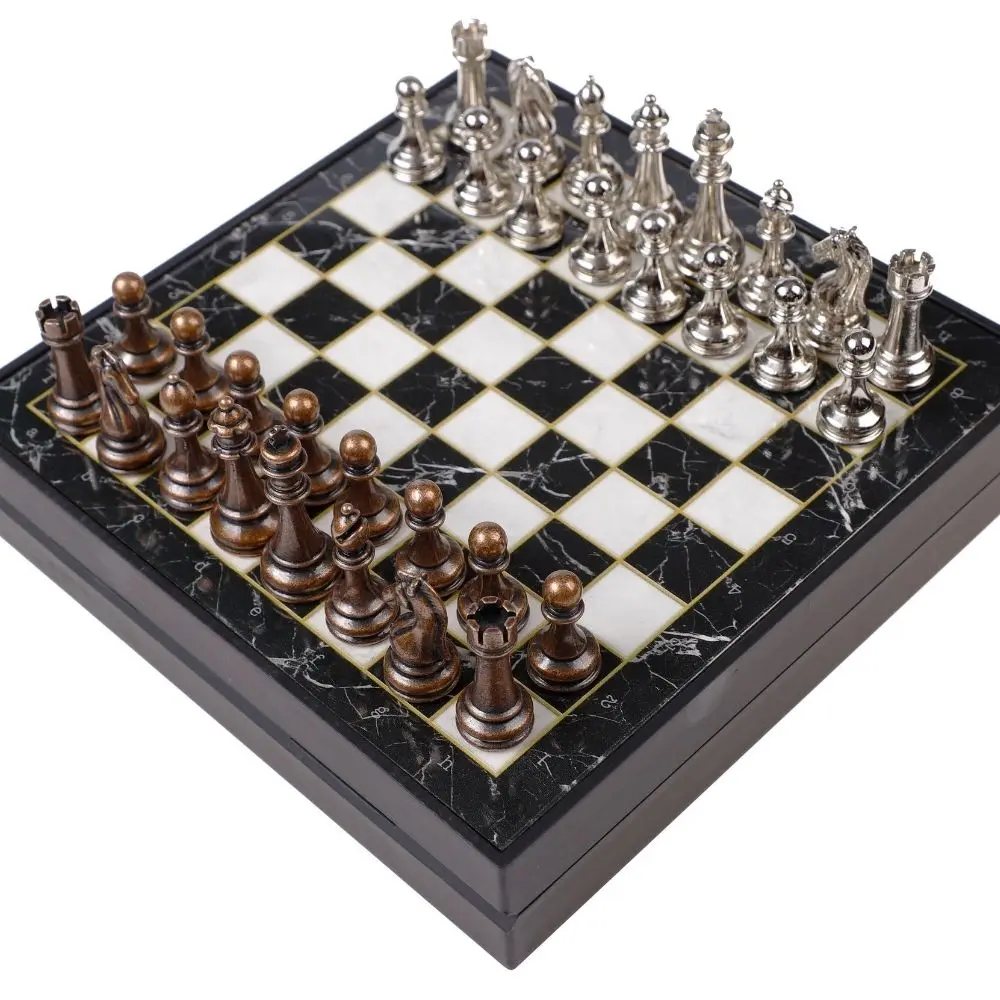 

Luxury Metal Chess Set Classic Bronze Set Chrome Plated & Marble Pattern Storage Chest Midi-Large Size Chess Figures Board Game