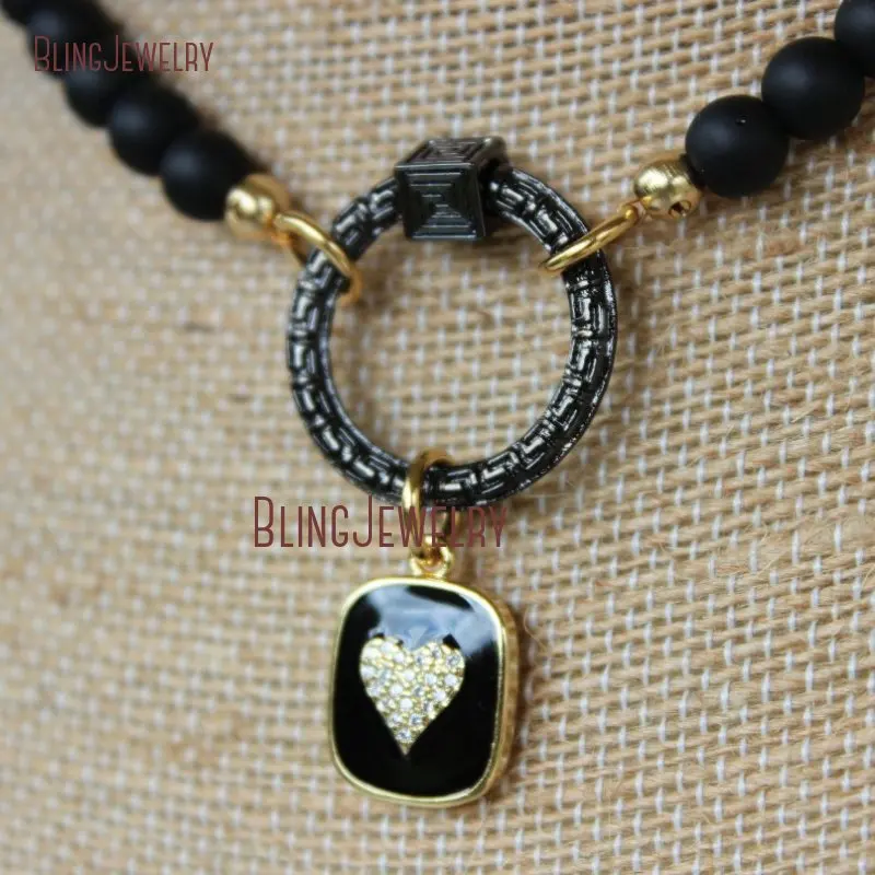 NM33842 Matte Onyxs Carabiner Choker Heart Charm Necklace Layering s Pave Lock  Black Enamel Pendant