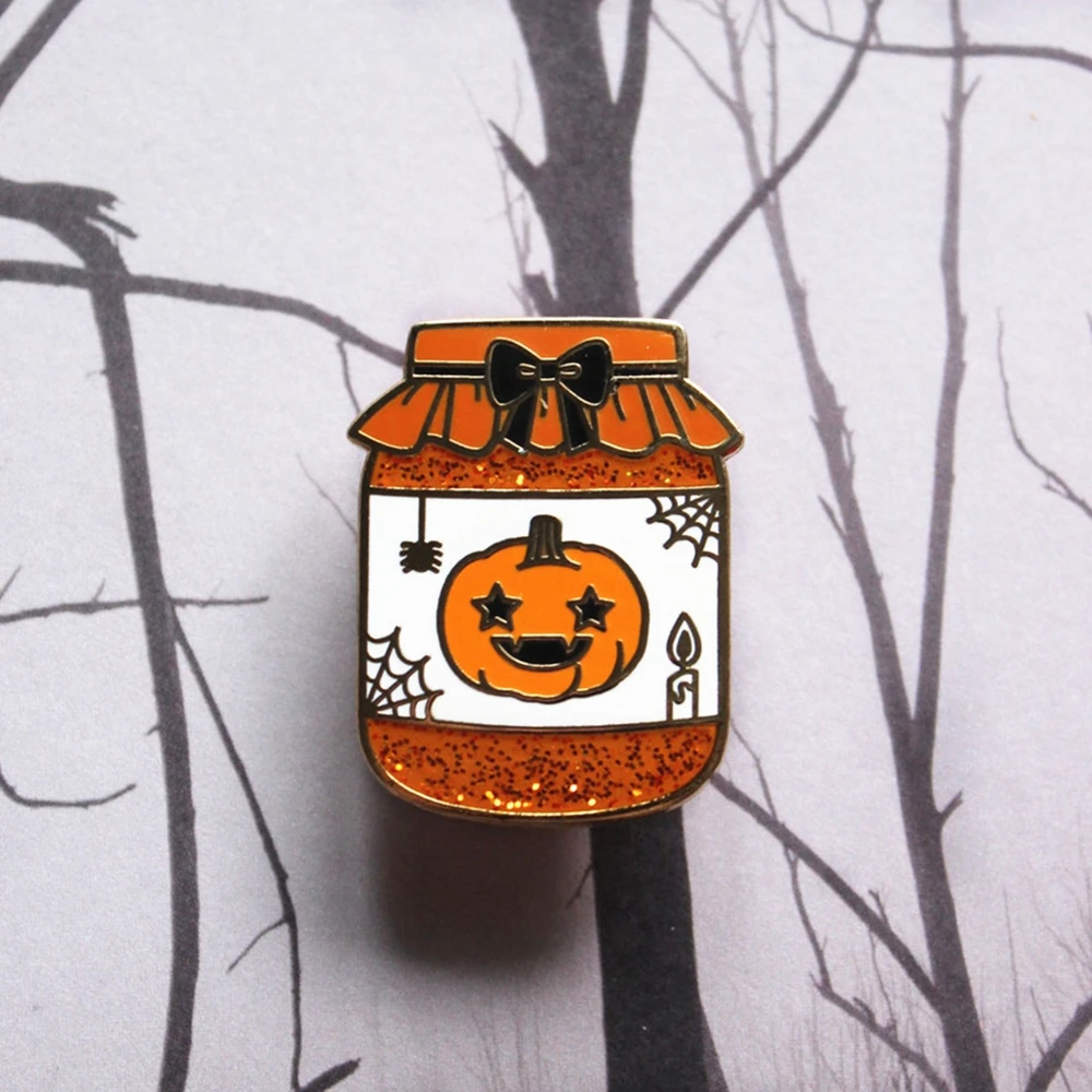 Kawaii Glitter Pumpkin Can Hard Enamel Pin Cute Cartoon Marmalade  Jelly Jar Plant Metal Brooch Gothic Halloween Jewelry Gift