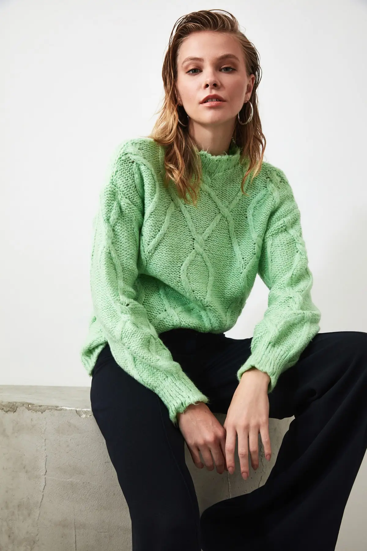 Maglione lavorato a maglia con maglieria intrecciata per capelli alla menta autunno inverno maglione a maniche lunghe Casual Streetwear Fashion Femme