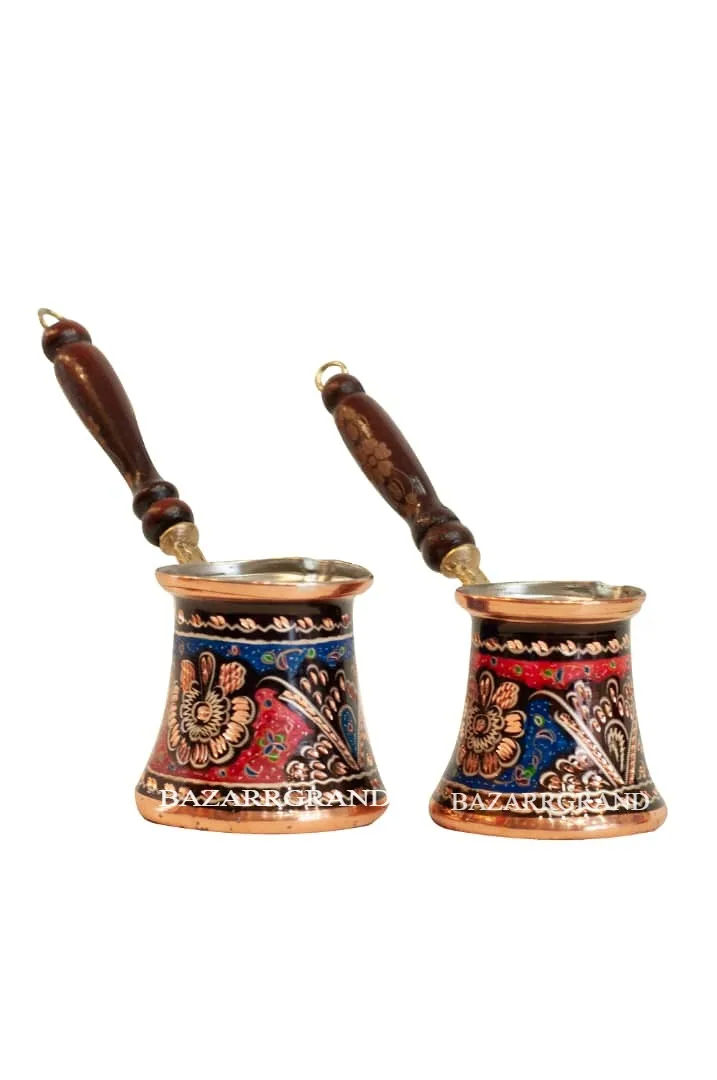 

Turkish Copper Coffee Pot Handmade Traditional Design PAINTED Wooden Handle Inlaid Ottoman Arabic Coffee Espresso FREE SHİPPİNG