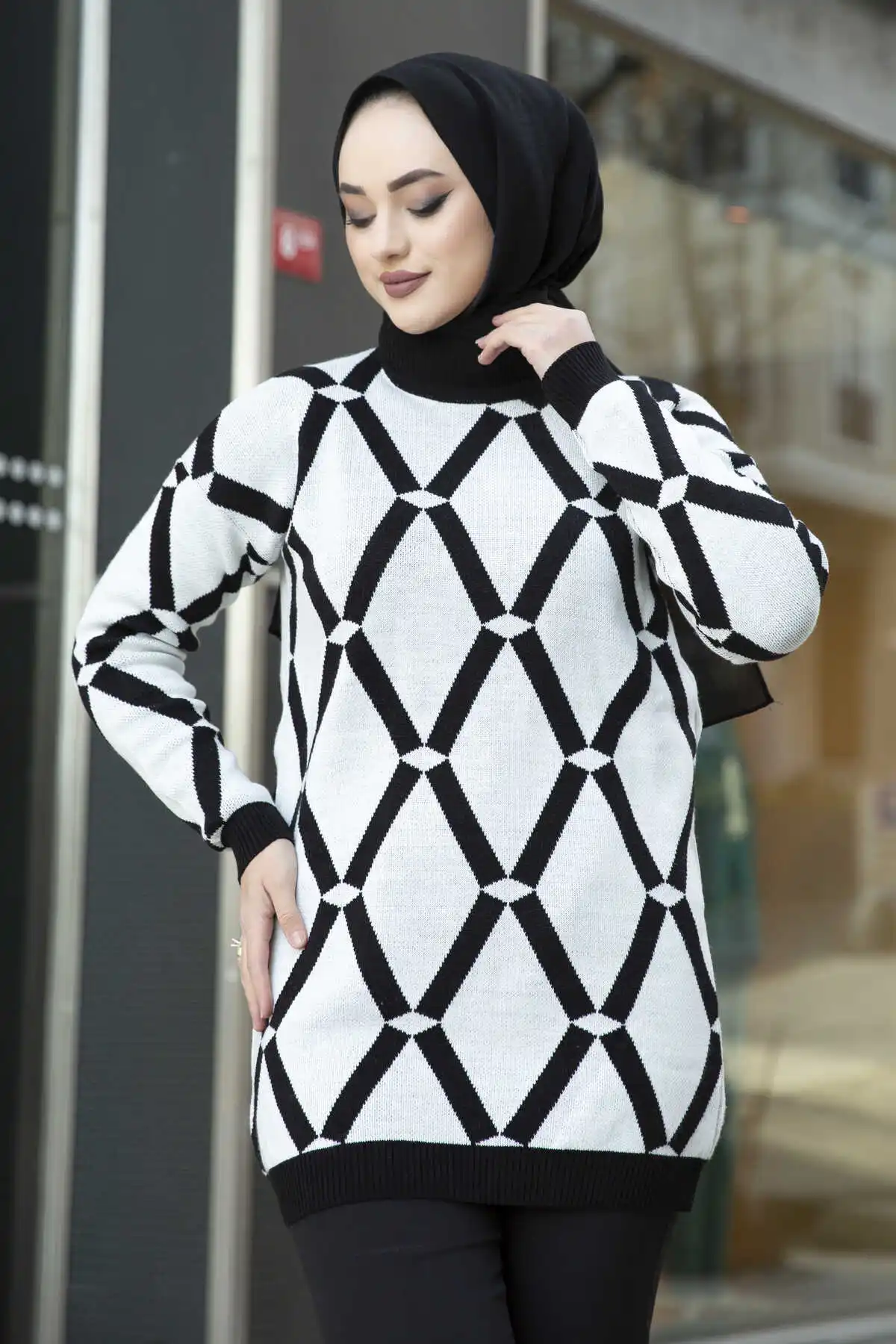 

Women New Season Patterned Hijab Knitwear Tunic 2022 Ramadan Abaya Long Sleeve Tops Dubai Vintage Blouse Plaid Warm Shirt Dres