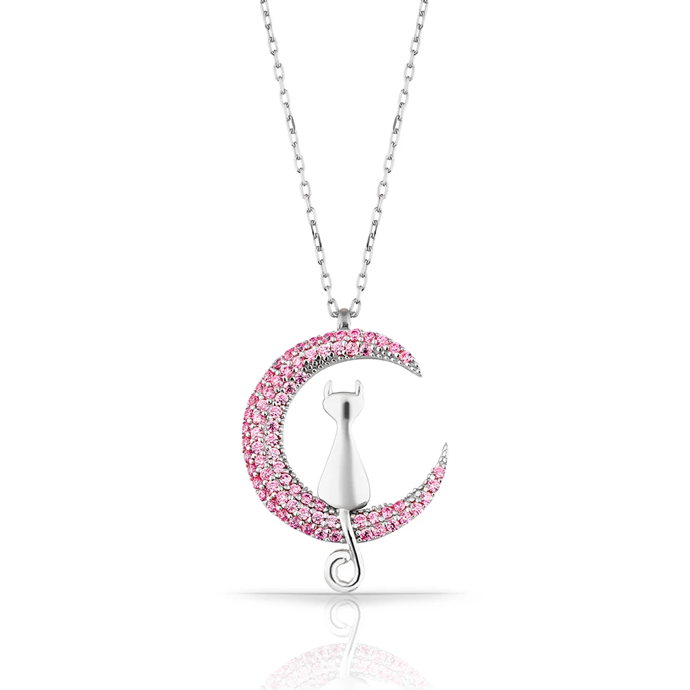 Elegant Pink Moon and Cat Women's 925 Sterling Silver Jewelry necklace