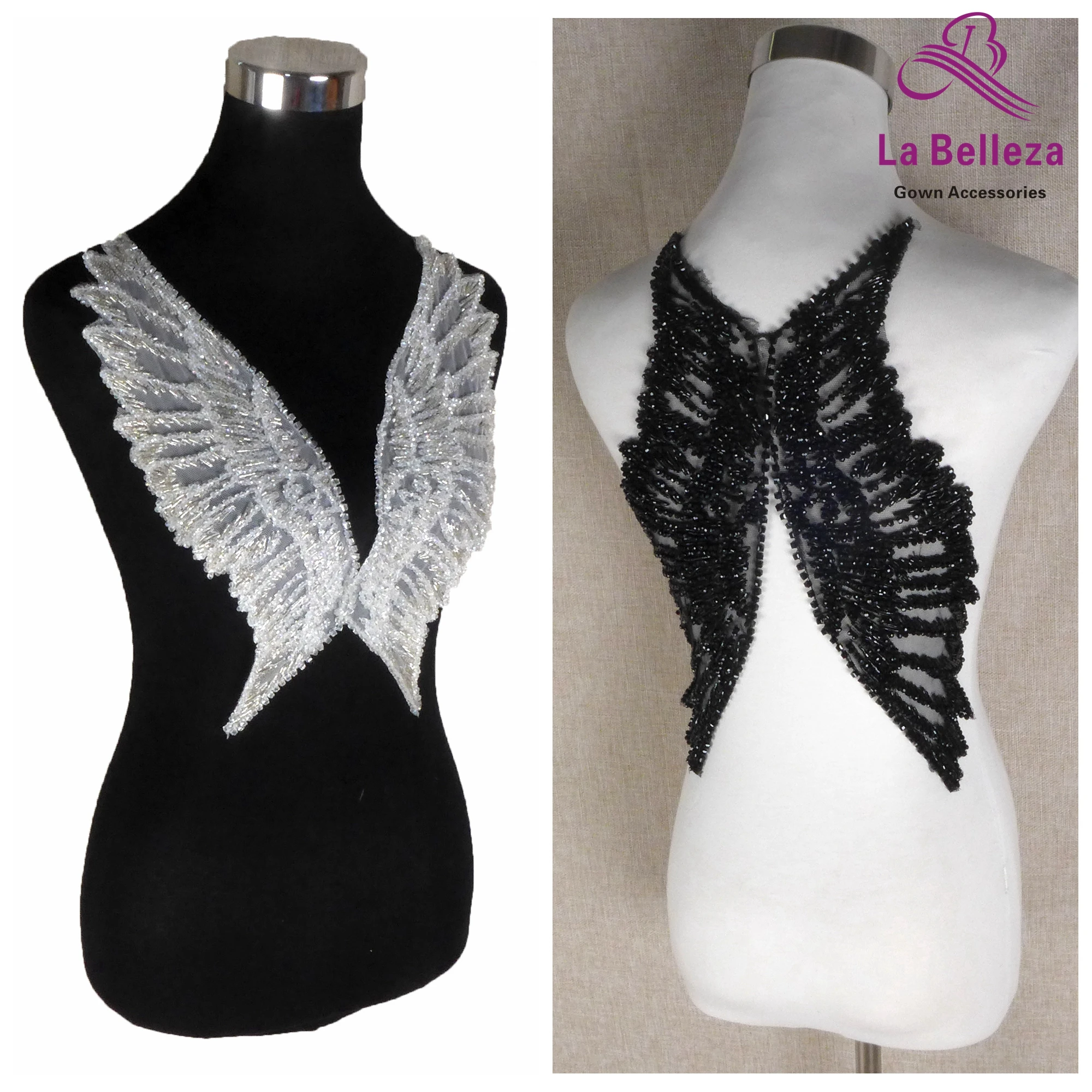 

La Belleza wing applique patch,ivory handmade crystals patch,black handmade beaded appliques 37*11CM by pair