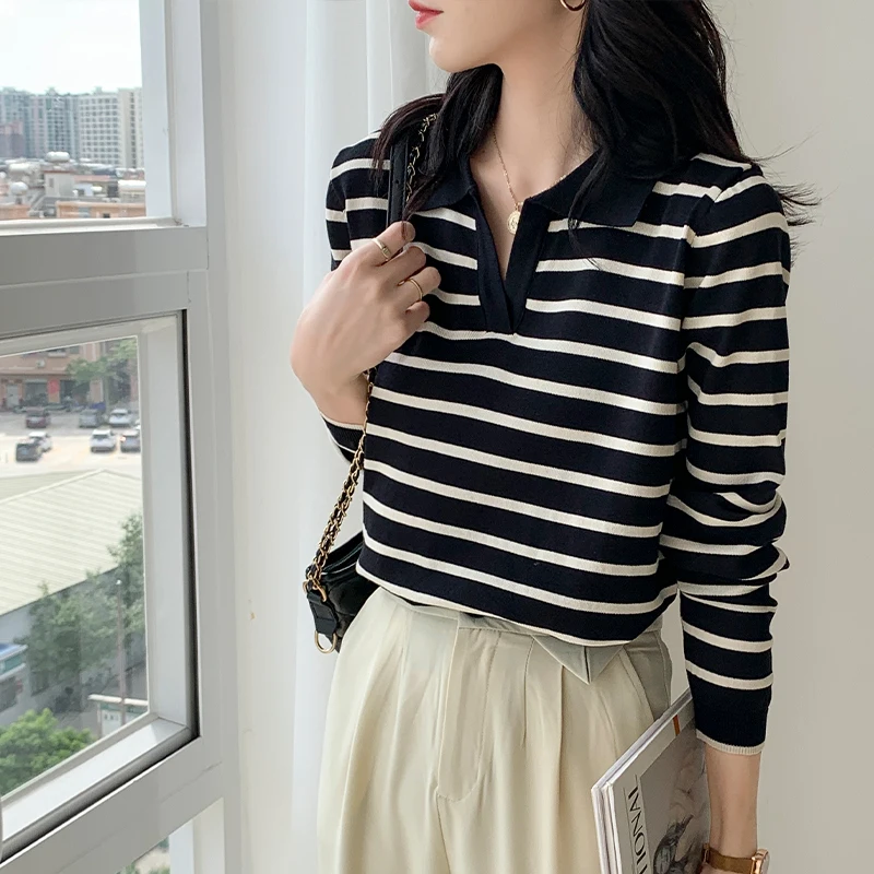 Striped Sweater Women Fall 2022 Casual Basic Long Sleeve V Neck Vintage Pullovers Korean Tops Elegant Office Jumpers