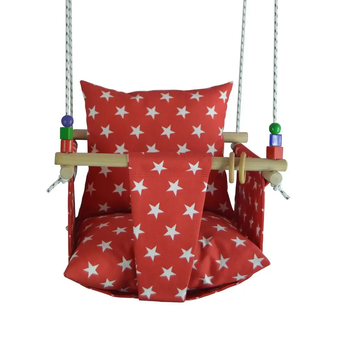 New season Unisex Baby Swing Hammock Baby Swing Natural Wooden Child Cotton Fabric Linen Fabric Home Type Star Pattern