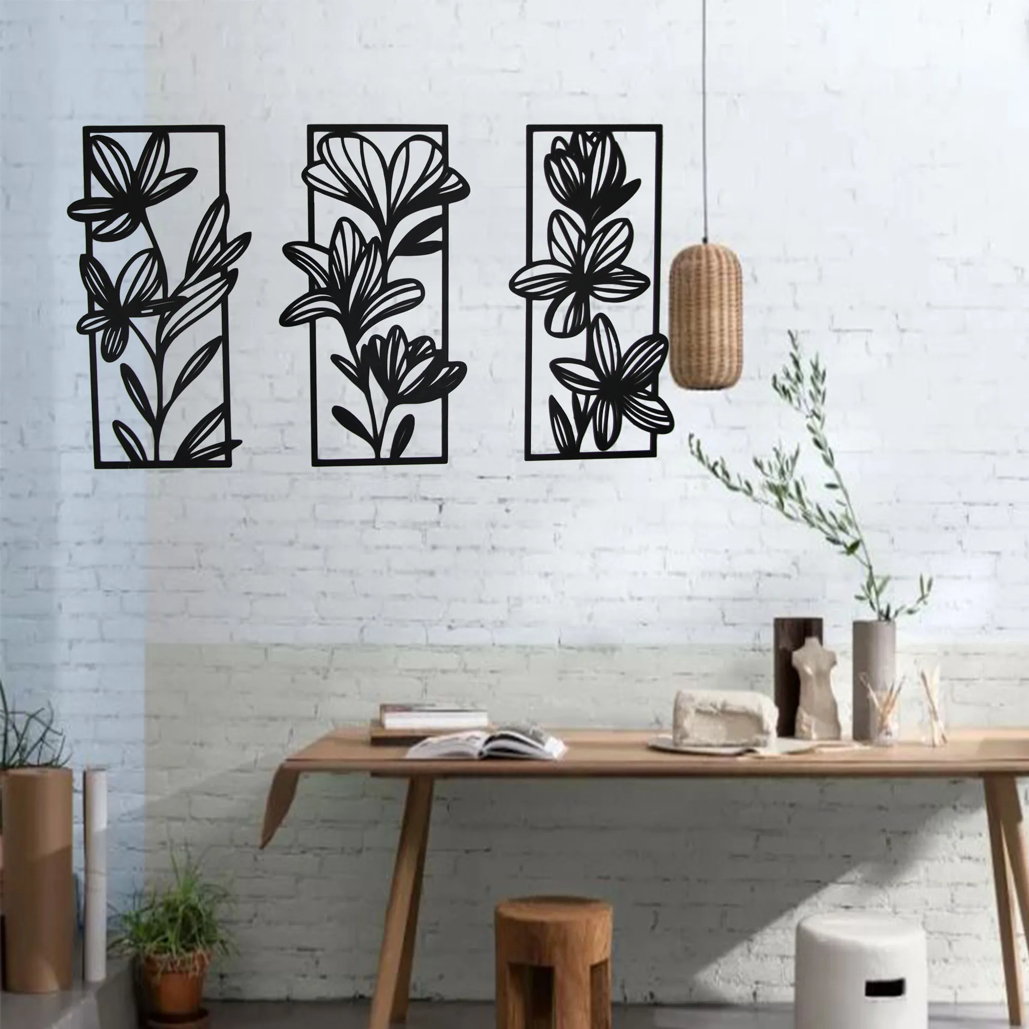 3 Flower Patterns Wood Wall Art home Decoration Laser Cut Wall Decor Painting Black Color Modern Nature Home Office Living Room