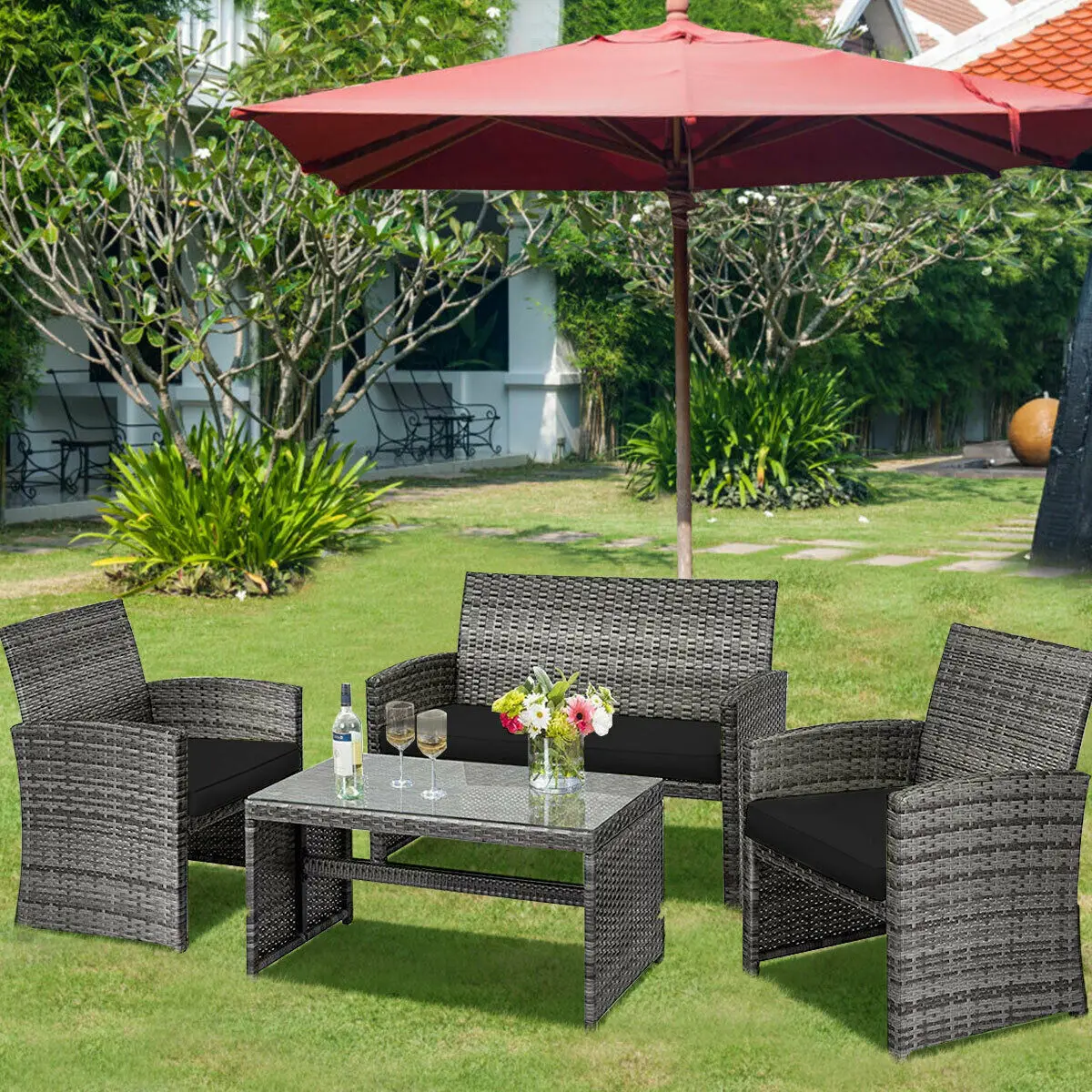 4PCS Patio Rattan Furniture Set Conversation Glass Table Top Sofa Cushioned  HW63238DK