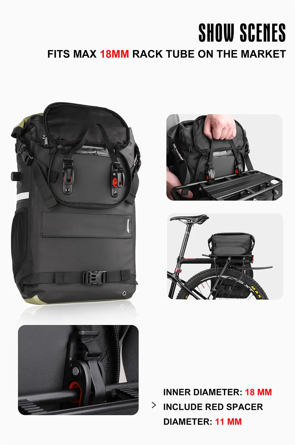 Rhinowalk Fahrradtasche, 22 l, vollständig wasserdicht, Kofferraumtasche, Rucksackkapazität, multifunktionale Gepäckträger, Fahrradtasche, Umhängetasche – Detail 10