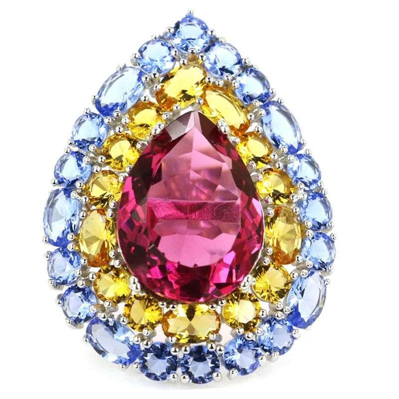 

39x30mm Jazaz Big Multi Color 11g Tourmaline Violet Tanzanite Golden Citrine Dating 925 Solid Sterling Silver Rings