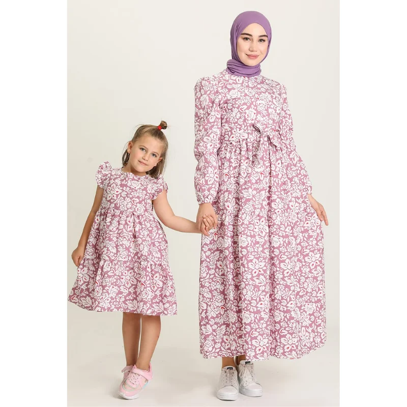 

2021 Season Muslim Mother and Girl Child Patterned Combine Dress Zero Collar Summer Elastic Sleeve Mother Daughter Combination