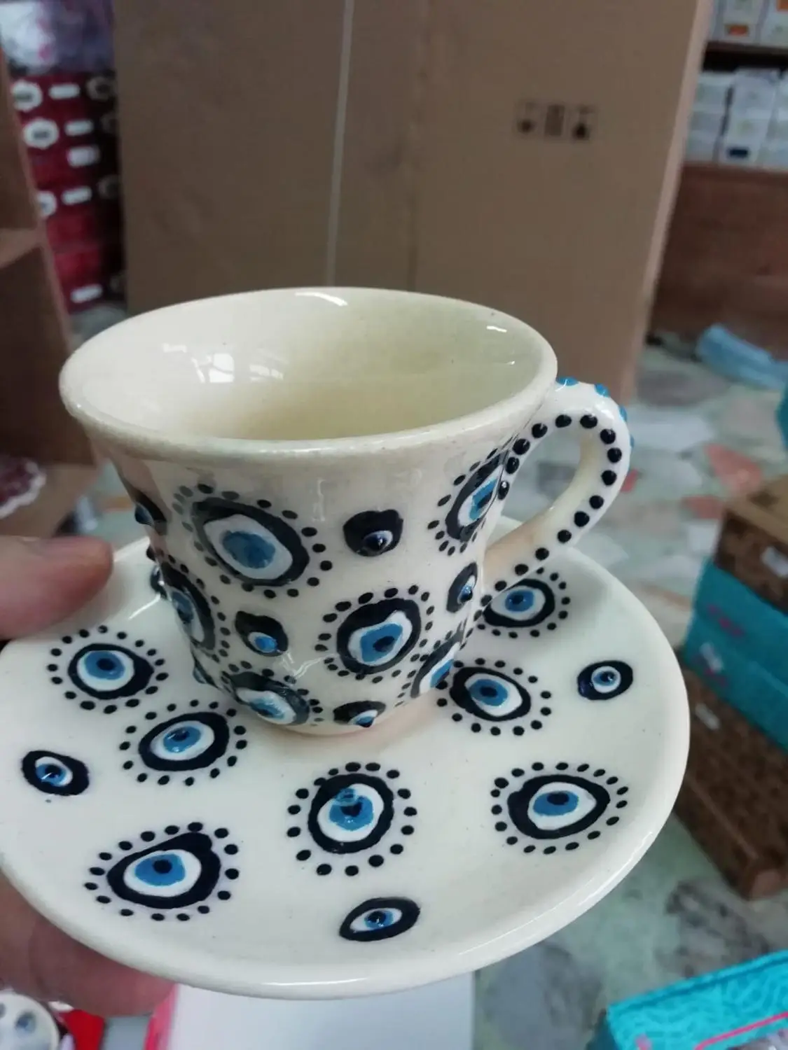 Evil Eye Designed Turkish Ceramic Coffee Set Six Pieces