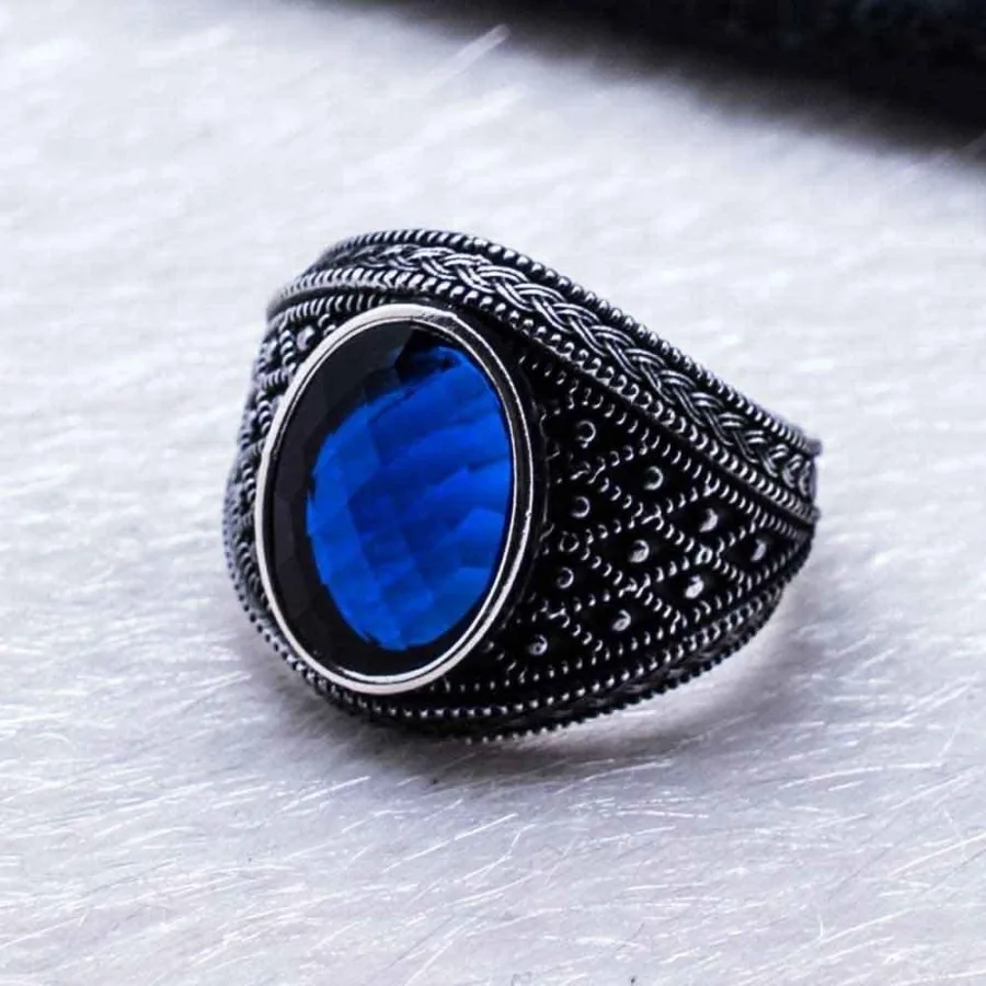 Genuine 925 Sterling Silver Turkish Ring for Men Natural Blue Zircon Mens Cool Punk Male Rings Fashion Jewelry Gift Accessory