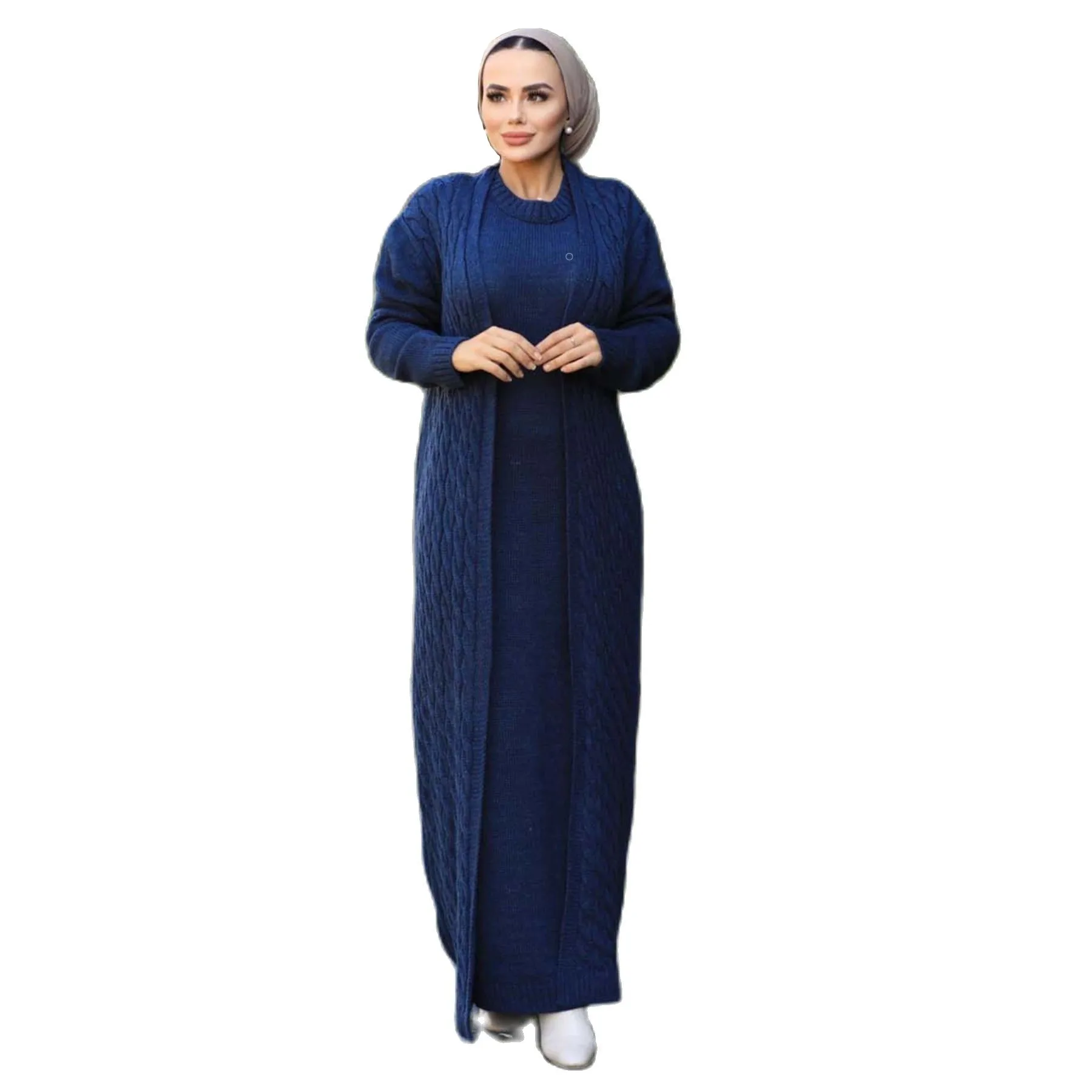 2 Piece Women's Set Embroidery Patterned Knitwear Maxi O-Neck Dress and Maxi Cardigan Long Sleeve Turkey Muslim Fashion 2021