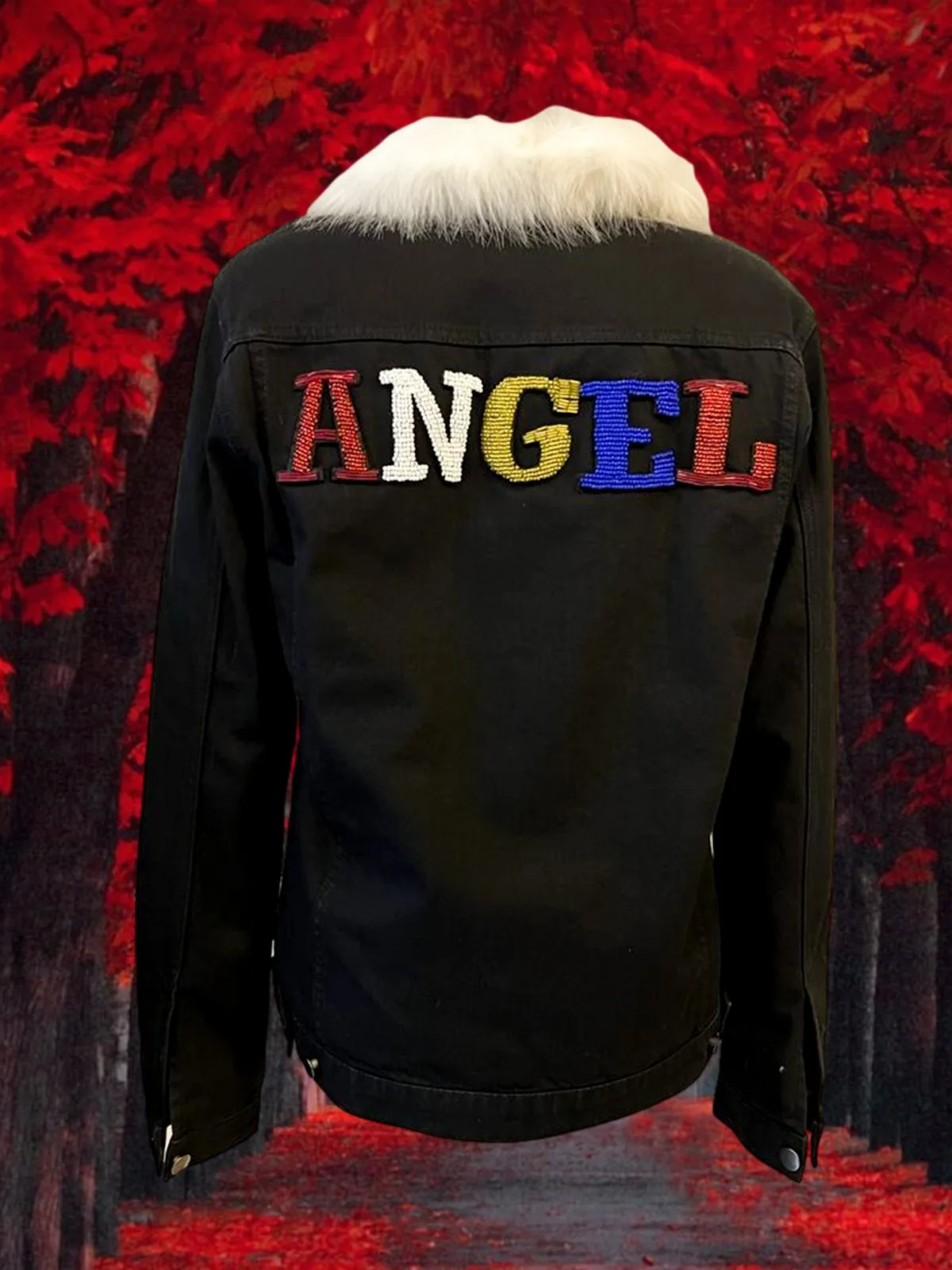 2022 Fashion GZ Design Angel Hand-painted Black Women Jean Jacket With Faux Fur Inside