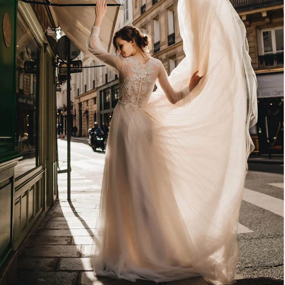 Princesa vestidos de casamento floral tule com decote em v manga longa vestidos de noiva miçangas rendas com pérola vintage robe de mariee feito sob encomenda