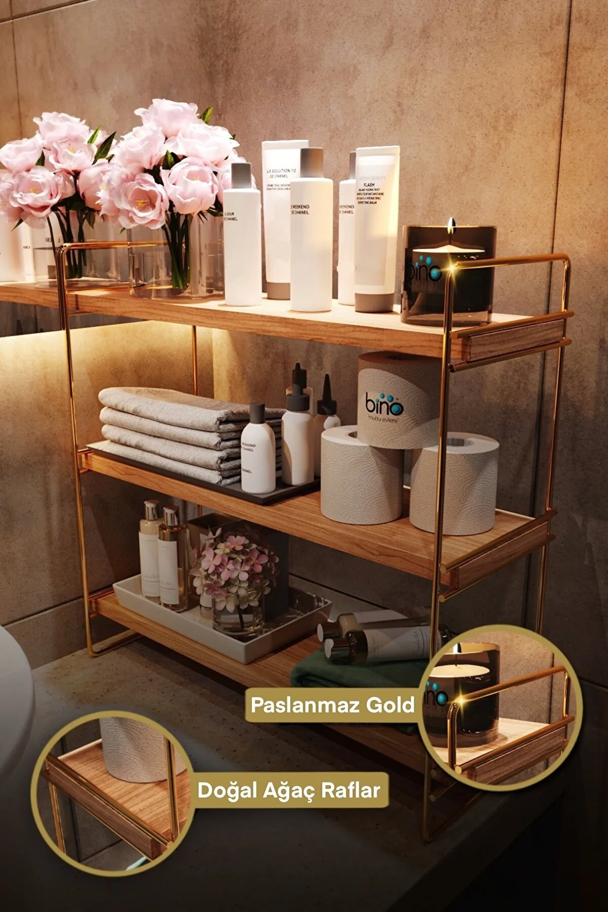 Bino Table Top Organizer Rack Kitchen Bathroom Bookshelf solid wood product  stainless coating gold series home appliance