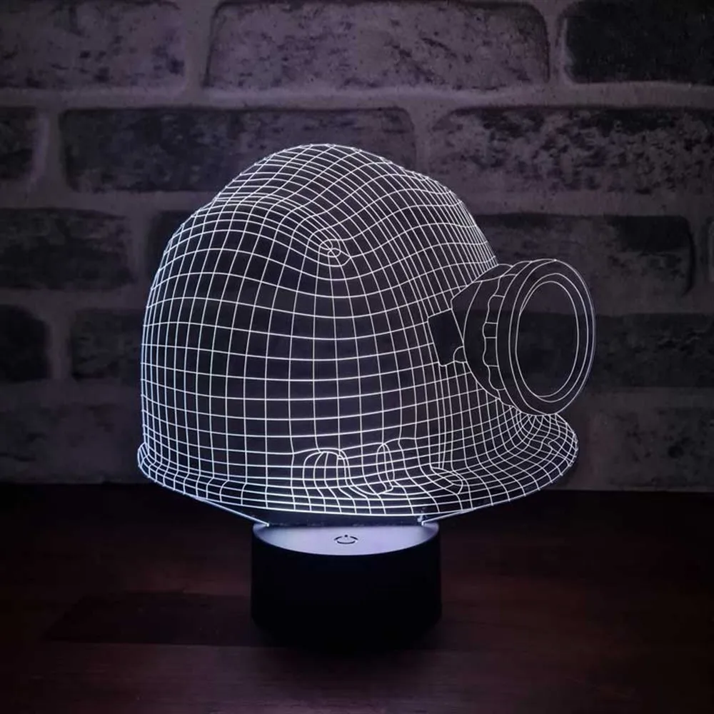 3D Illusion Miner Helmet Acrylic Led Lamp 12 Volt Adapter Daylight Design Wood Base Birthday Special Day Gift for Couples Pitman Room Decor Anime Wedding Stranger Things Led Lights Wedding Decoration Nightlights