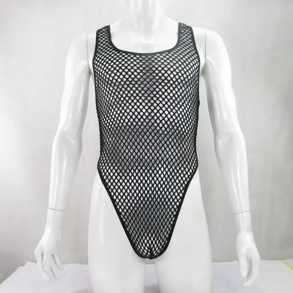 Mens Thong Back Bodysuit Stretchy High Cut Racer Back G1289 Big Net C-thru