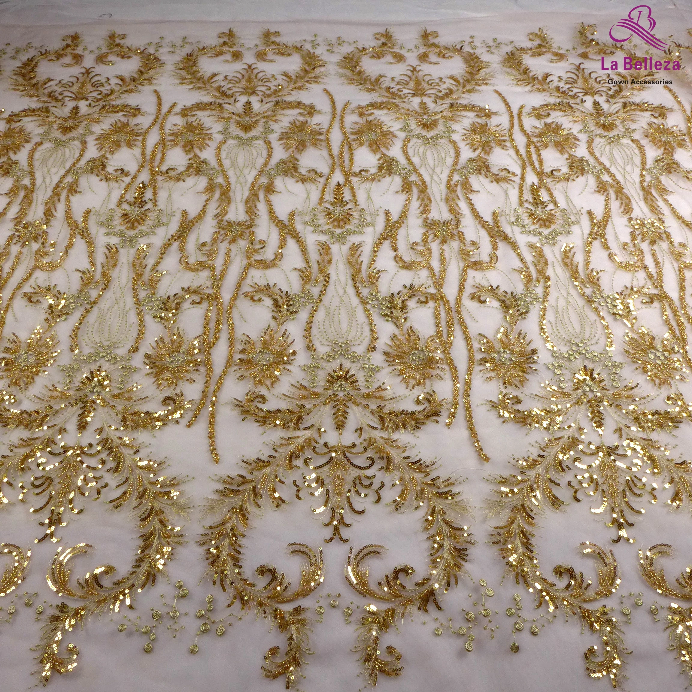 La Belleza new  beaded beading sequins wedding dress lace fabric Gold super shinny gown lace fabric,high quality lace 1 yard