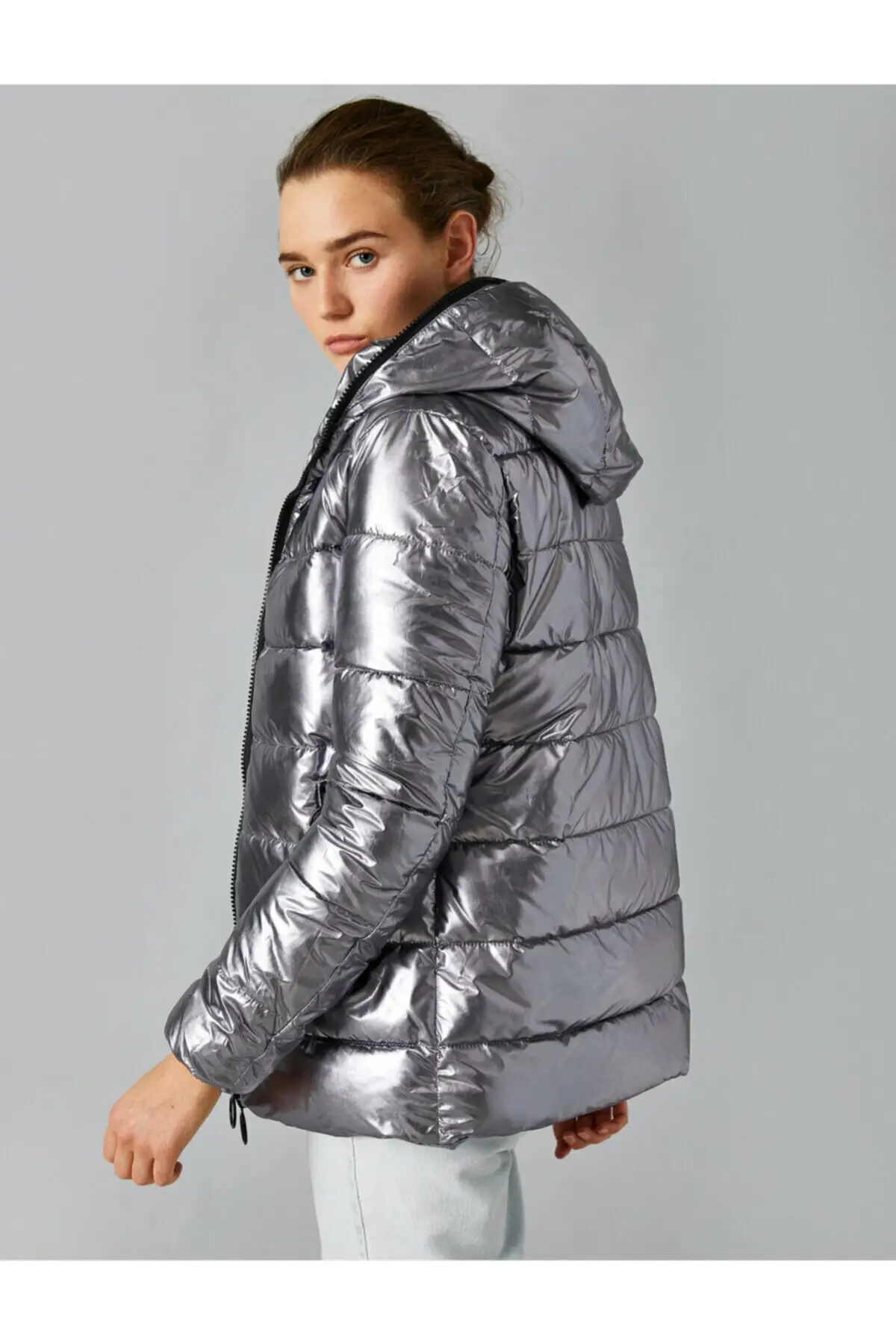 Women's Gray Quilted Bright Kapüsonlu Coats 34*36*38*40 size winter coats coat bright Grey