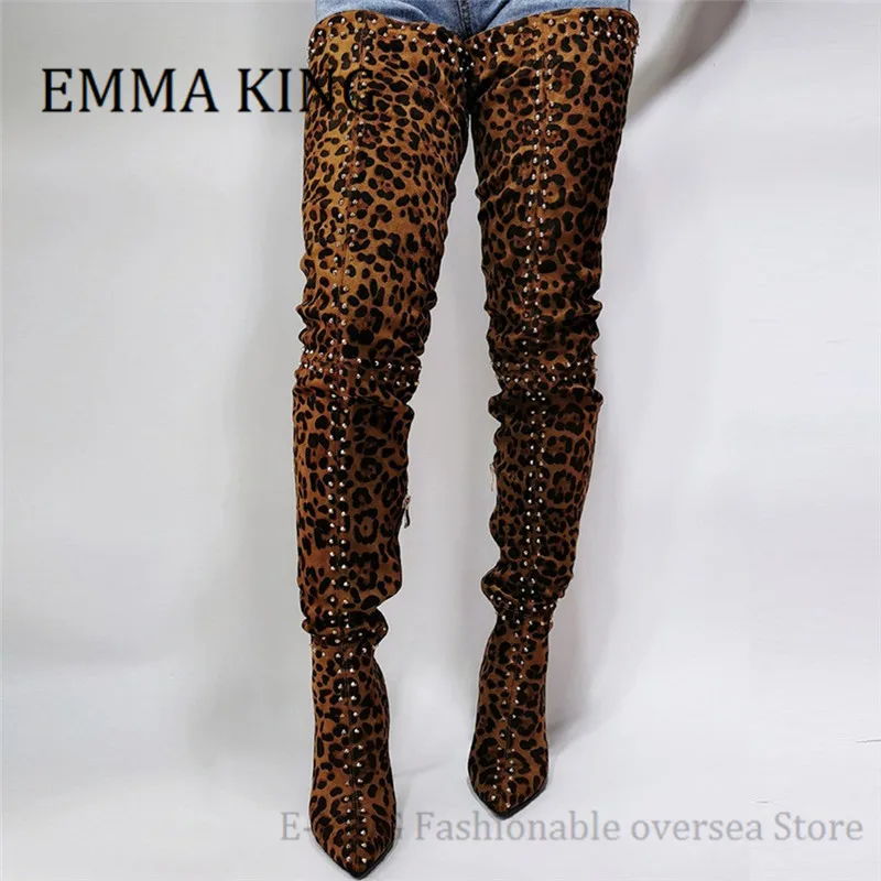 Women Leopard Print Over The Knee Boots Rivets Studs Ladies Boots Pointed Toe Faux Suede Stilettos Ladies Crotch Thigh Boots 46